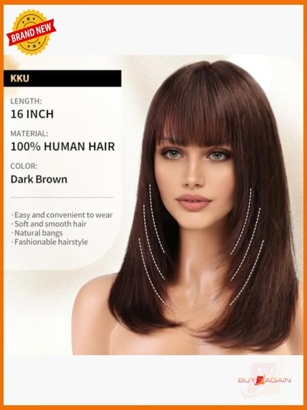 16 Inch Layered Straight Human Hair Wig with Bangs